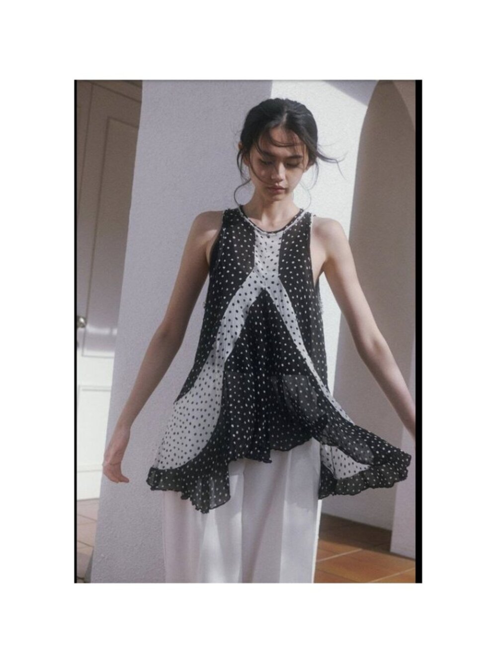 Zara Polka Dot Paneled Sleeveless Top Black White Sheer Ruffle Hem Size S NWT